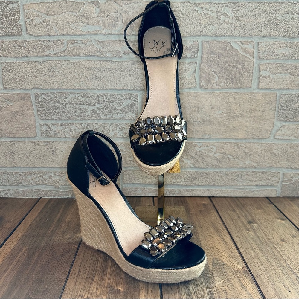Colin Stuart Rhinestone Black Espadrille Jute Wedge Sandal / Size 7.5